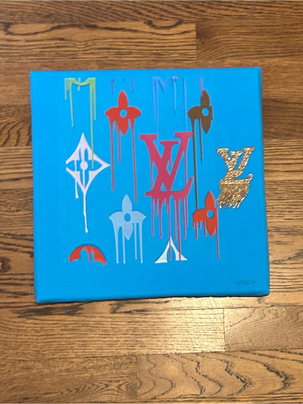 Designer Inspired Blue Drip Logo Canvas Art by xoxoE 12.5”x12.5” 0054